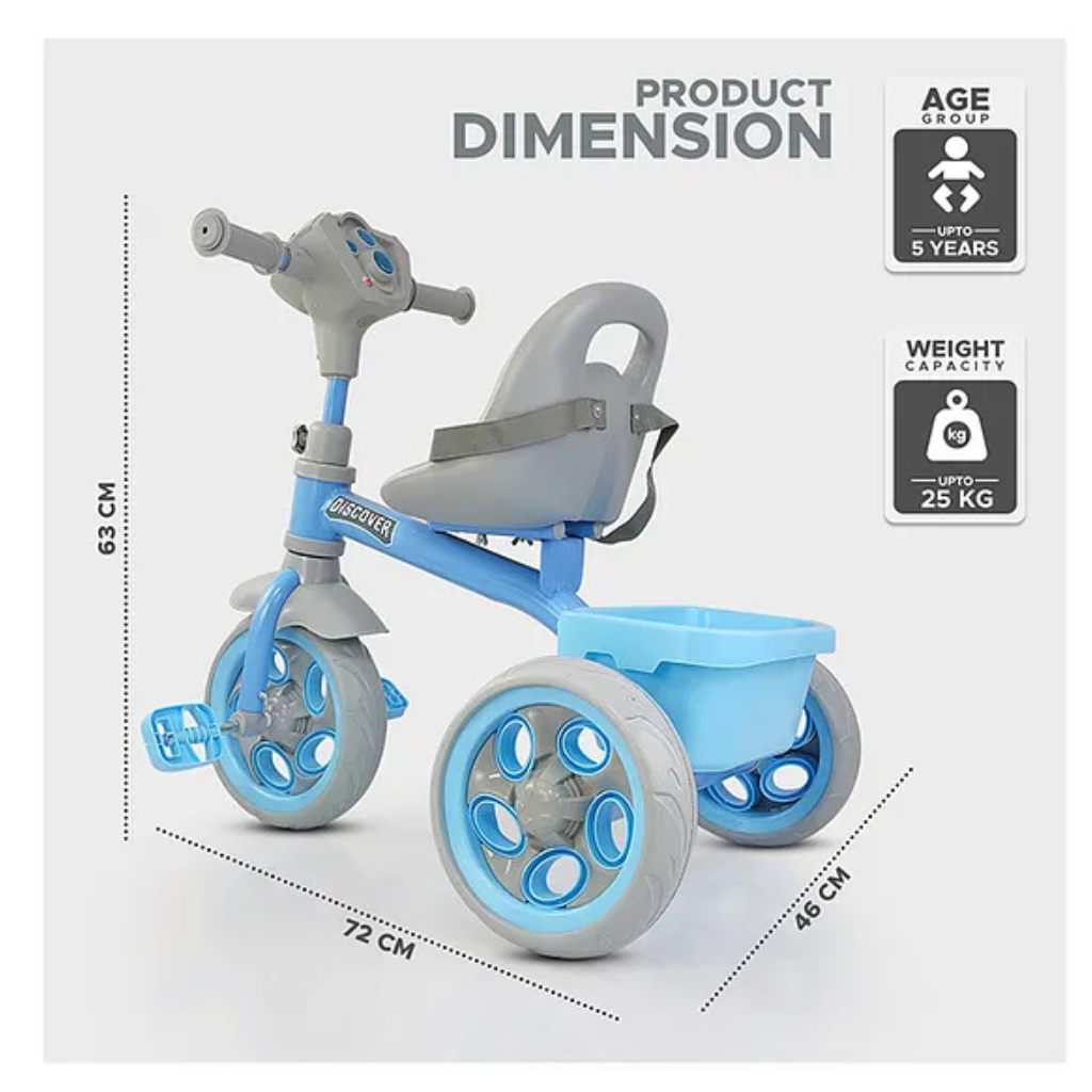 Dash Discover Kids Tricycle with Storage Basket Music Light Safety Belt Adjustable Height