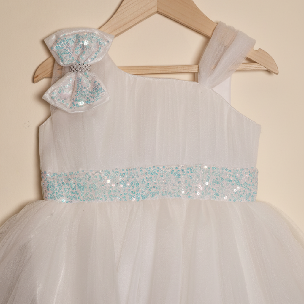 Ninos Embellished Party Wear Frock with 3D Bow Appliqué & Sequins For Girls