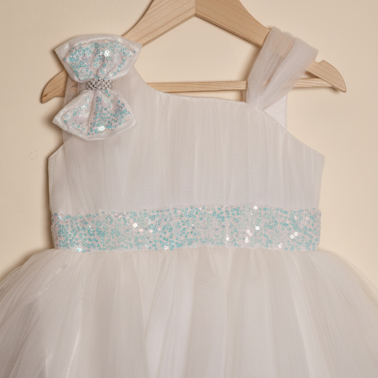 Ninos Embellished Party Wear Frock with 3D Bow Appliqué & Sequins For Girls