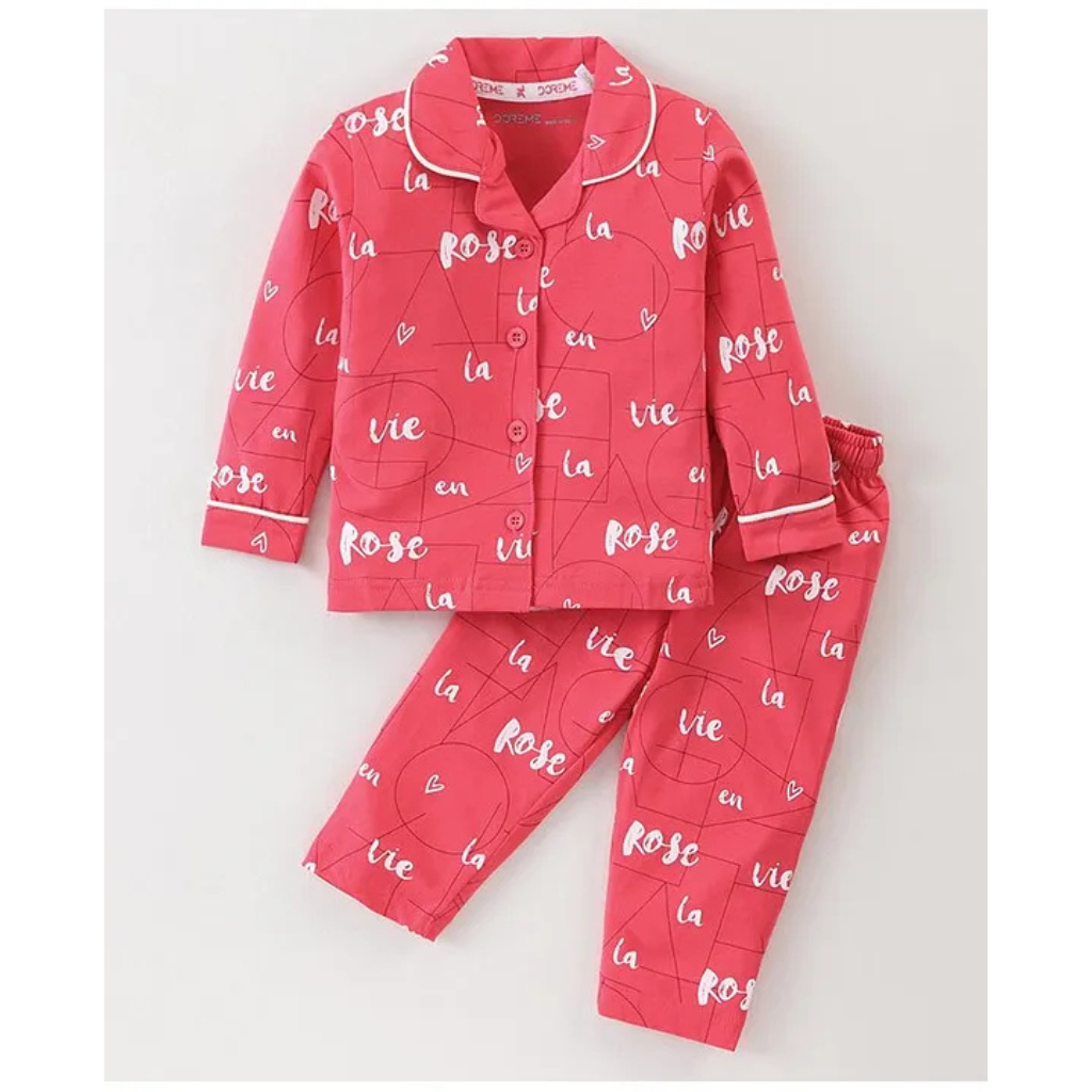 Doreme Single Jersey Knit Full Sleeves Night Suit With Shapes & Text Print