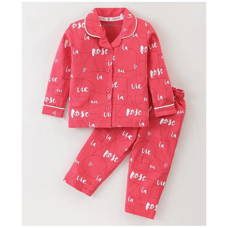 Doreme Single Jersey Knit Full Sleeves Night Suit With Shapes & Text Print