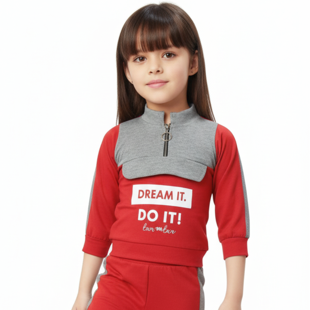 NINOS Girls Red & Gray Color Block Jogger Set with Motivational Print – Winter Activewear