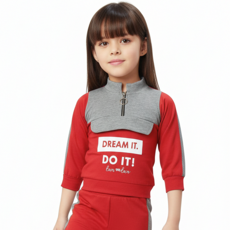 NINOS Girls Red & Gray Color Block Jogger Set with Motivational Print – Winter Activewear