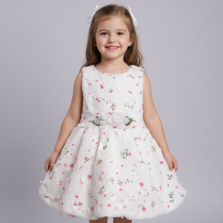 Ninos Embellished White Floral Party Wear Frock with 3D Floral Appliqué For Girls