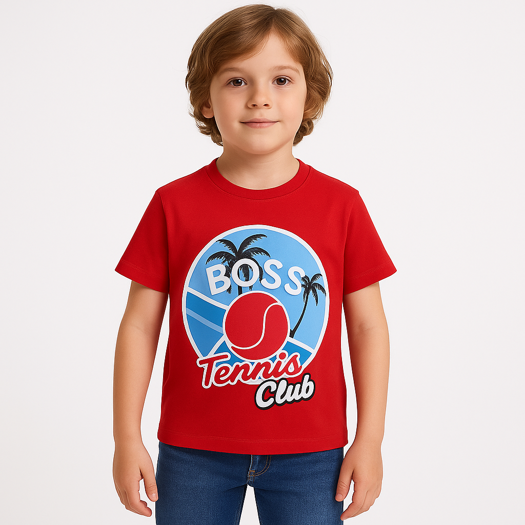 BOSS- Kids Cotton Knit Half Sleeves Crew Neck T-Shirt with Tennis Club Text Print , 2-11 year s