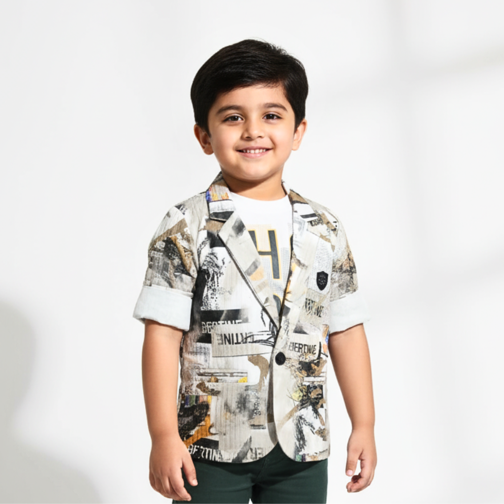 Boys' Urban Print Blazer & Dark Green Pant Set