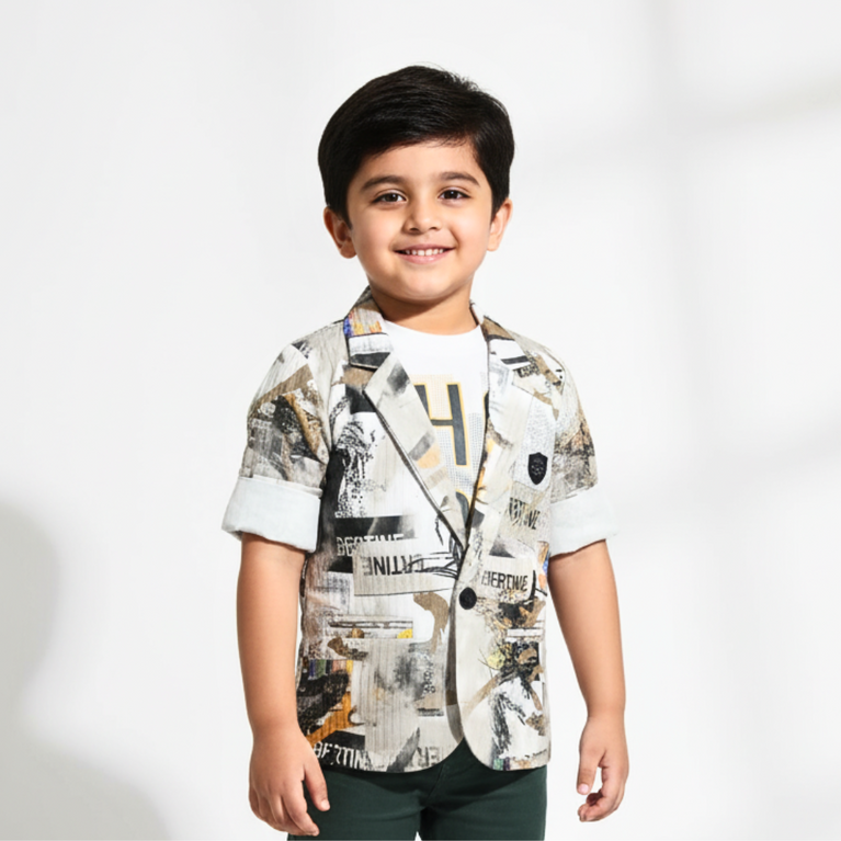 Boys' Urban Print Blazer & Dark Green Pant Set