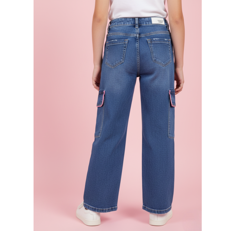 London Street-Girls’ Wide-Leg Cargo Denim Jeans with Neon Pink Piping & Sequins