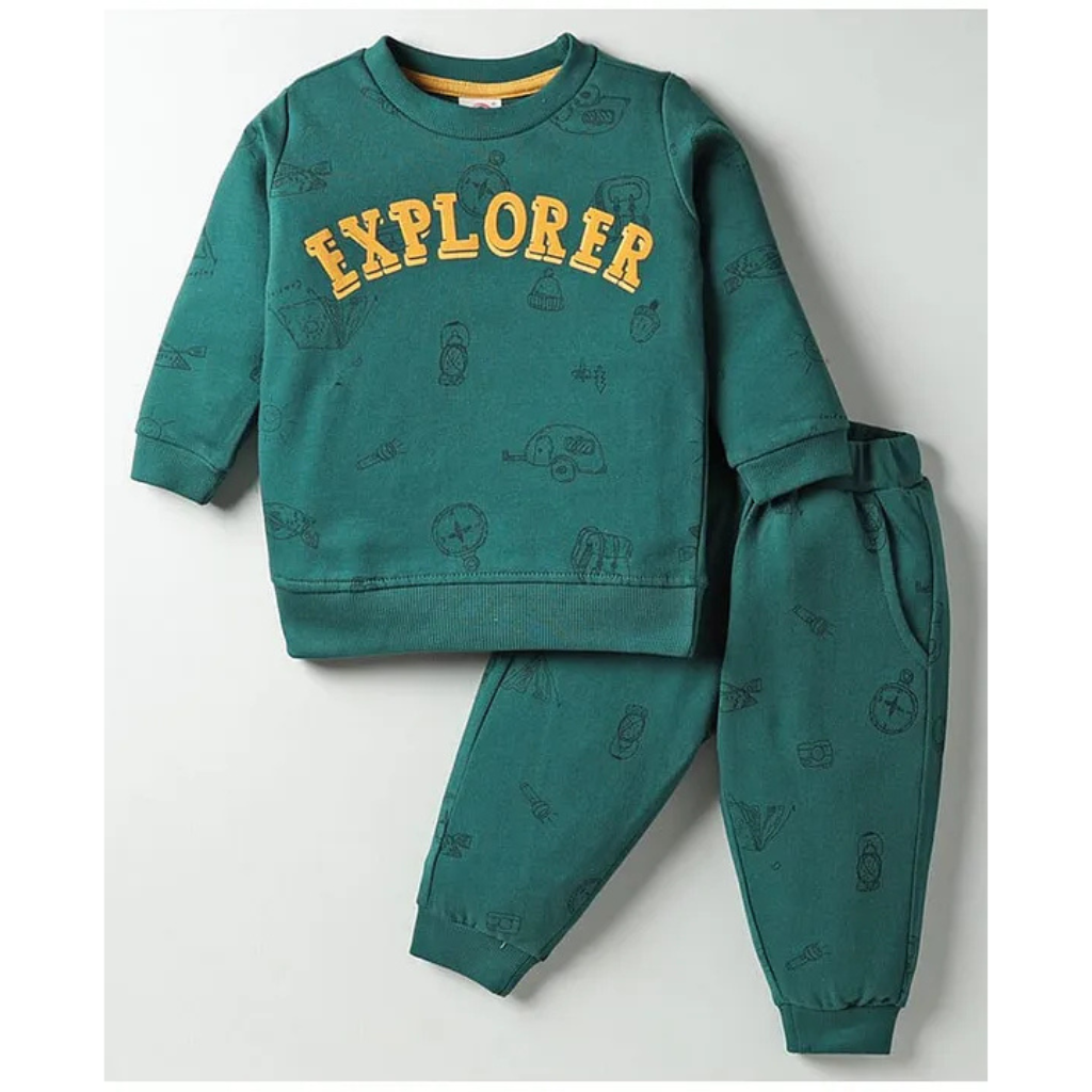 Zero Looper Knit Full Sleeves Co-ords T-Shirt & Lounge Pant Set with Explorer Print