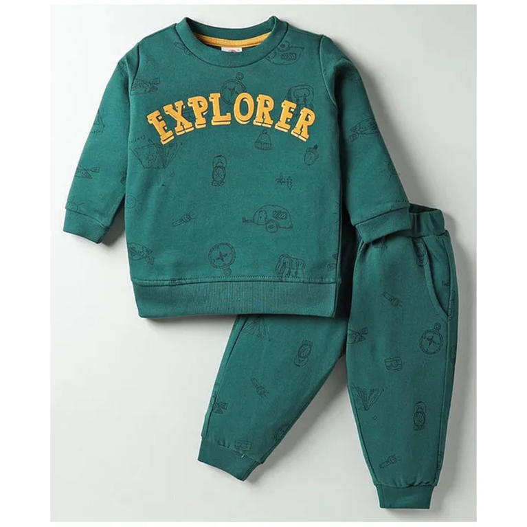 Zero Looper Knit Full Sleeves Co-ords T-Shirt & Lounge Pant Set with Explorer Print