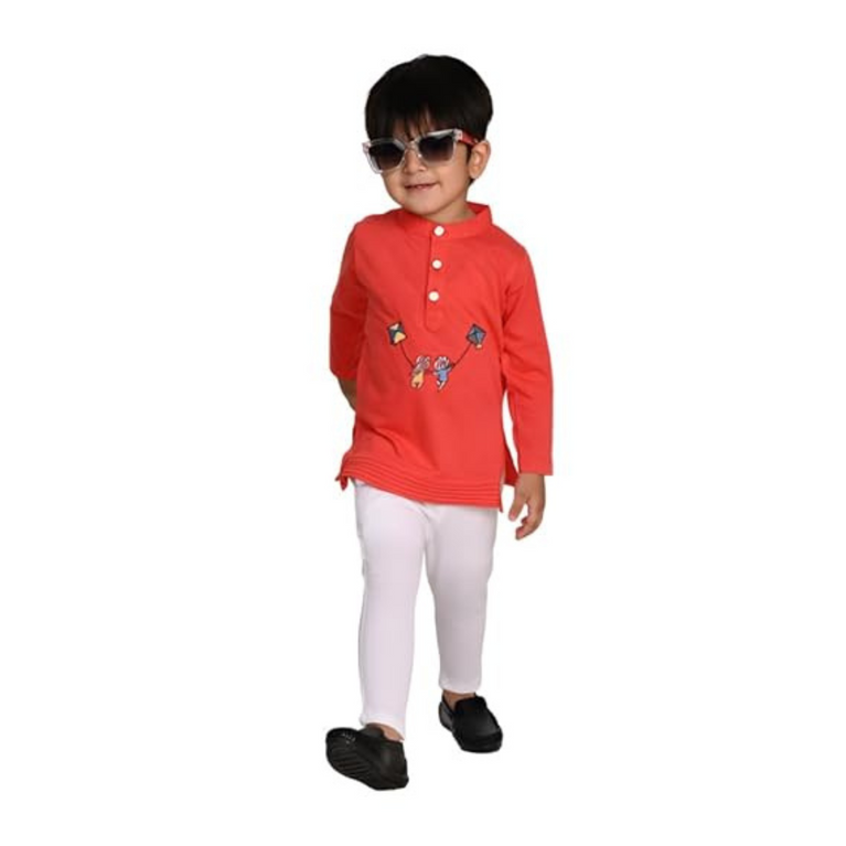 Ninos Boys Cotton Full Sleeves Festive Multidesign Party Kurta Pyjama Set- Red