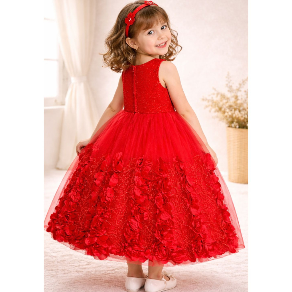 Elegant Floral Embellished Party Wear Gown for Girls with Glitter Tulle Skirt