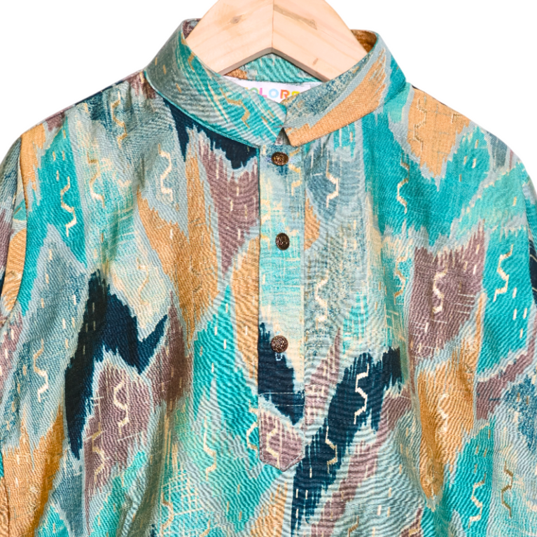 Ninos-Mandarin Collar Beautiful Texture Printed Full Sleeves Regular Kurta Pajama Set