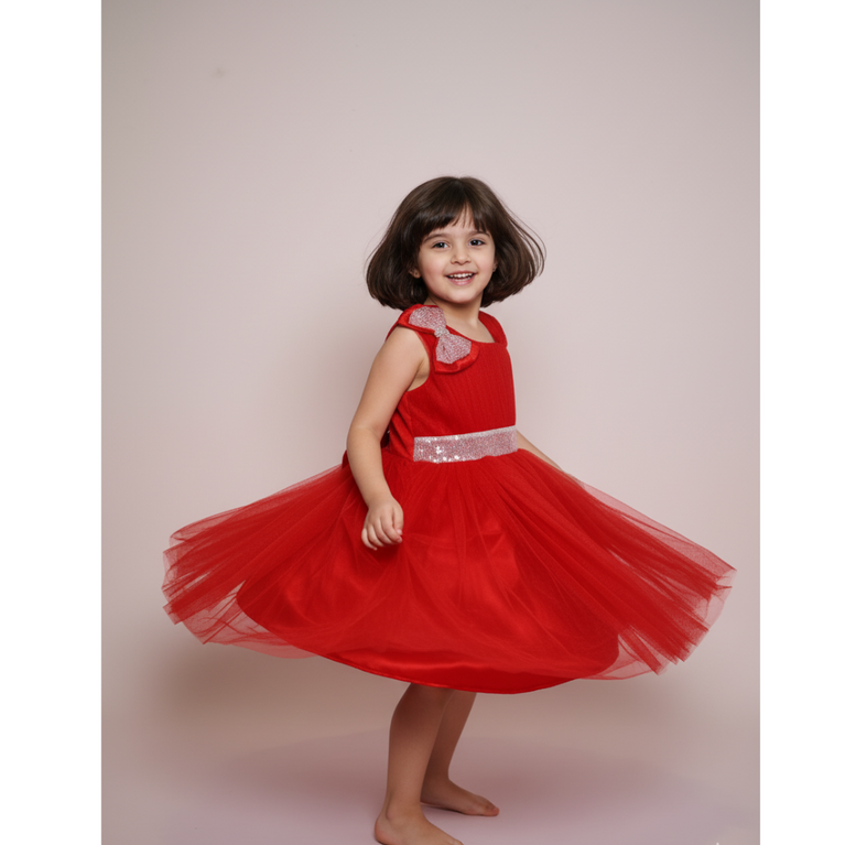 Ninos Embellished Party Wear Frock with 3D Bow Appliqué & Sequins For Girls