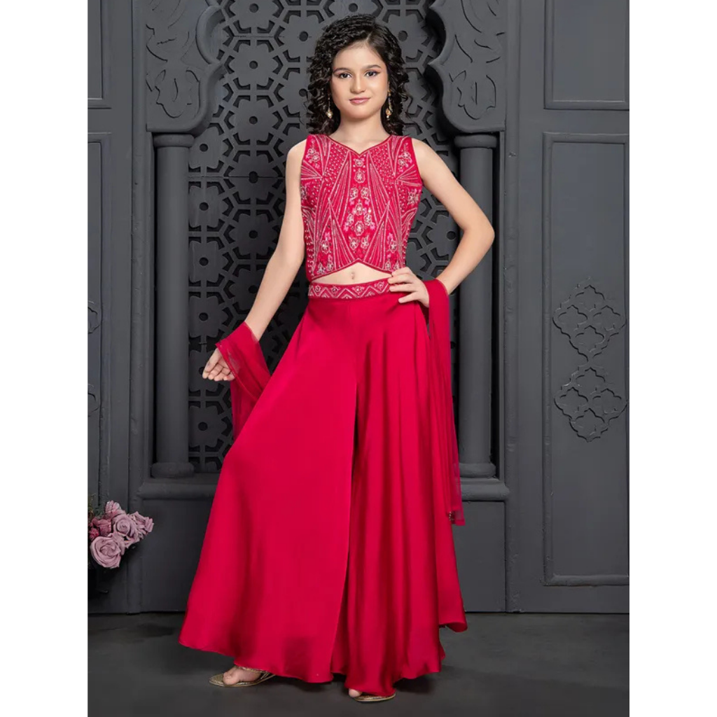 Girls Festive Pink Palazzo Set – Silk Blend Embroidered Top with Dupatta