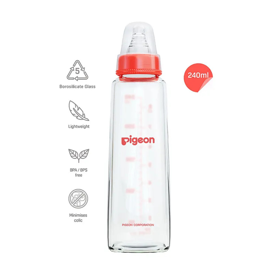 Pigeon Glass Feeding Bottle with Nipples Red - 240 ml