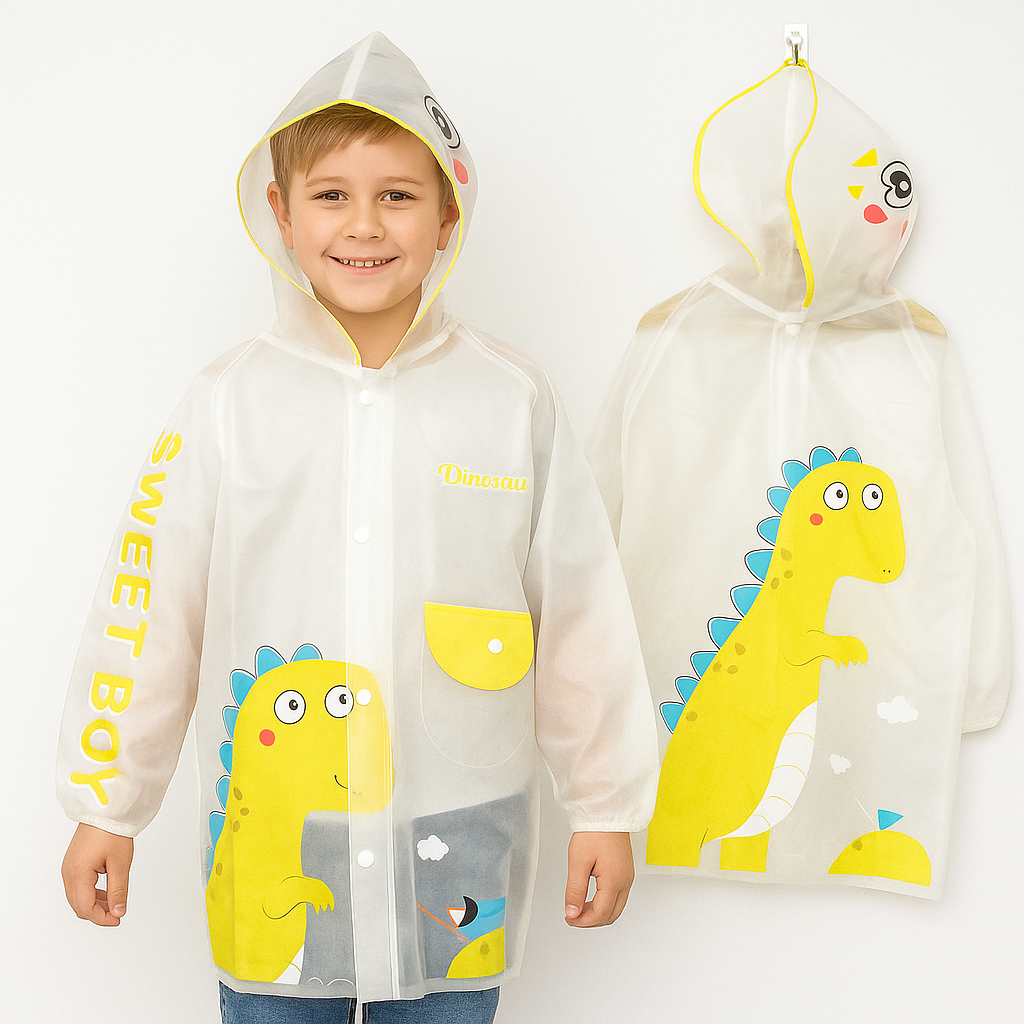 Ninos- Full Sleeves Below Knee Length Dino Boat Kids Hooded Raincoat - White & Yellow