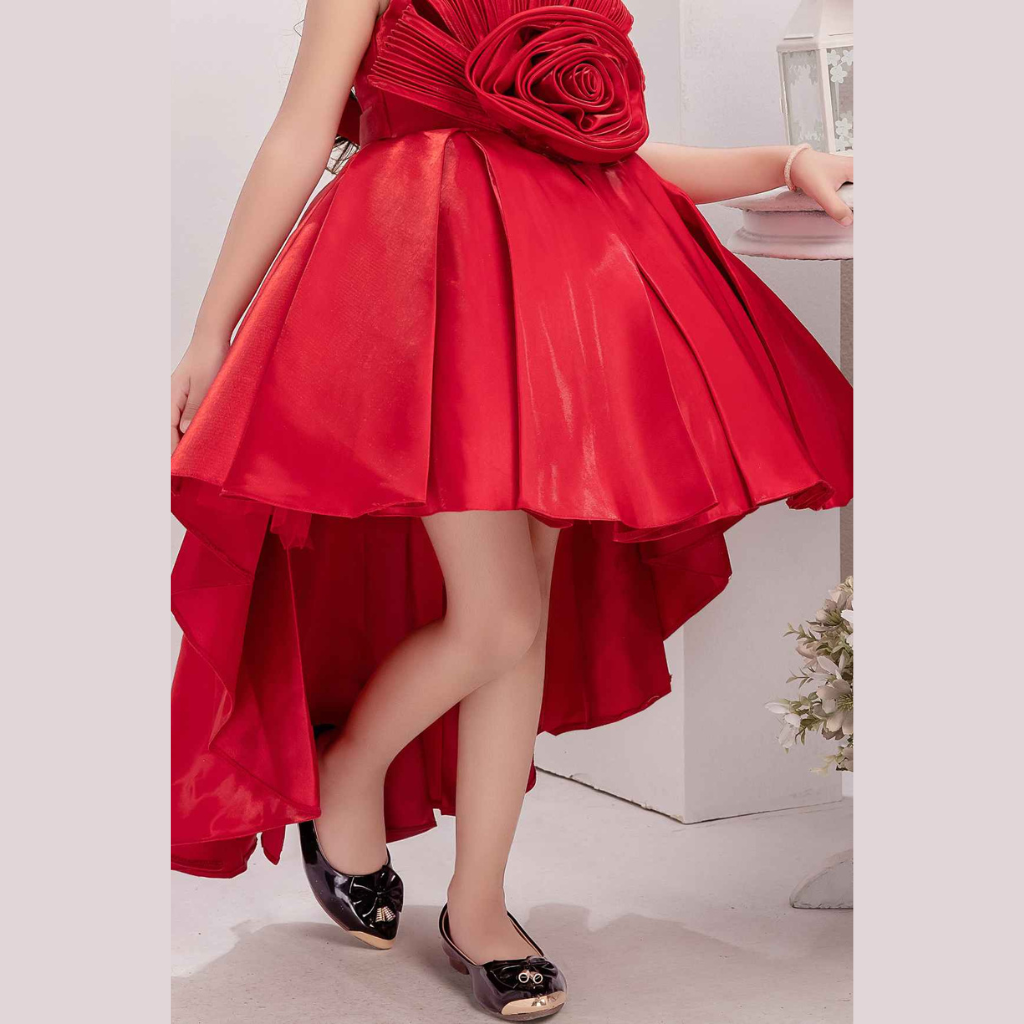 Red Embellished With Floral And Tail Back Party Frock For Girls