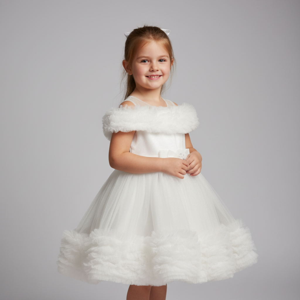 Ninos Embellished Elegant White Ruffle Princess Party Wear Frock with 3D Bow Appliqué For Girls