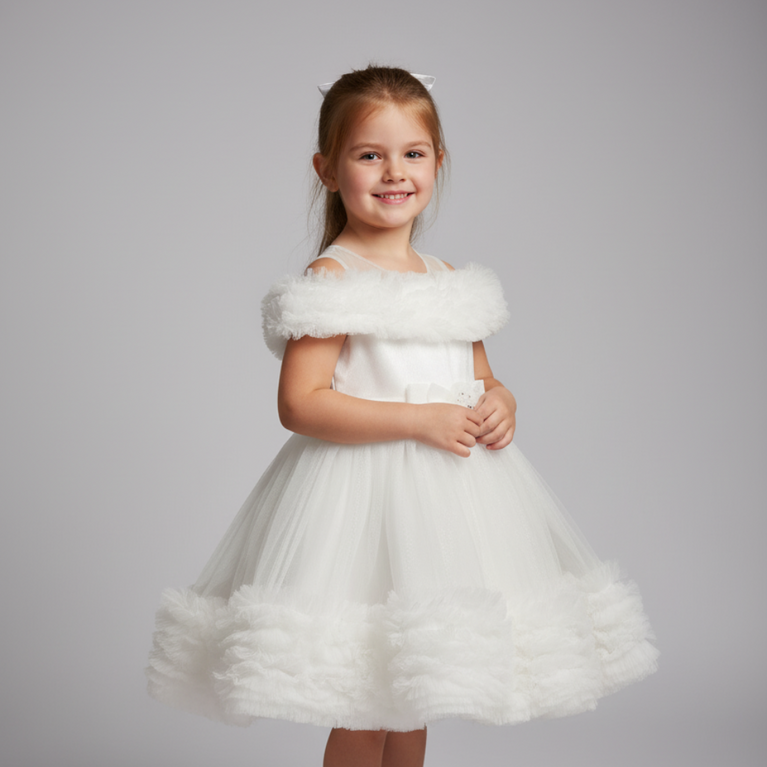 Ninos Embellished Elegant White Ruffle Princess Party Wear Frock with 3D Bow Appliqué For Girls