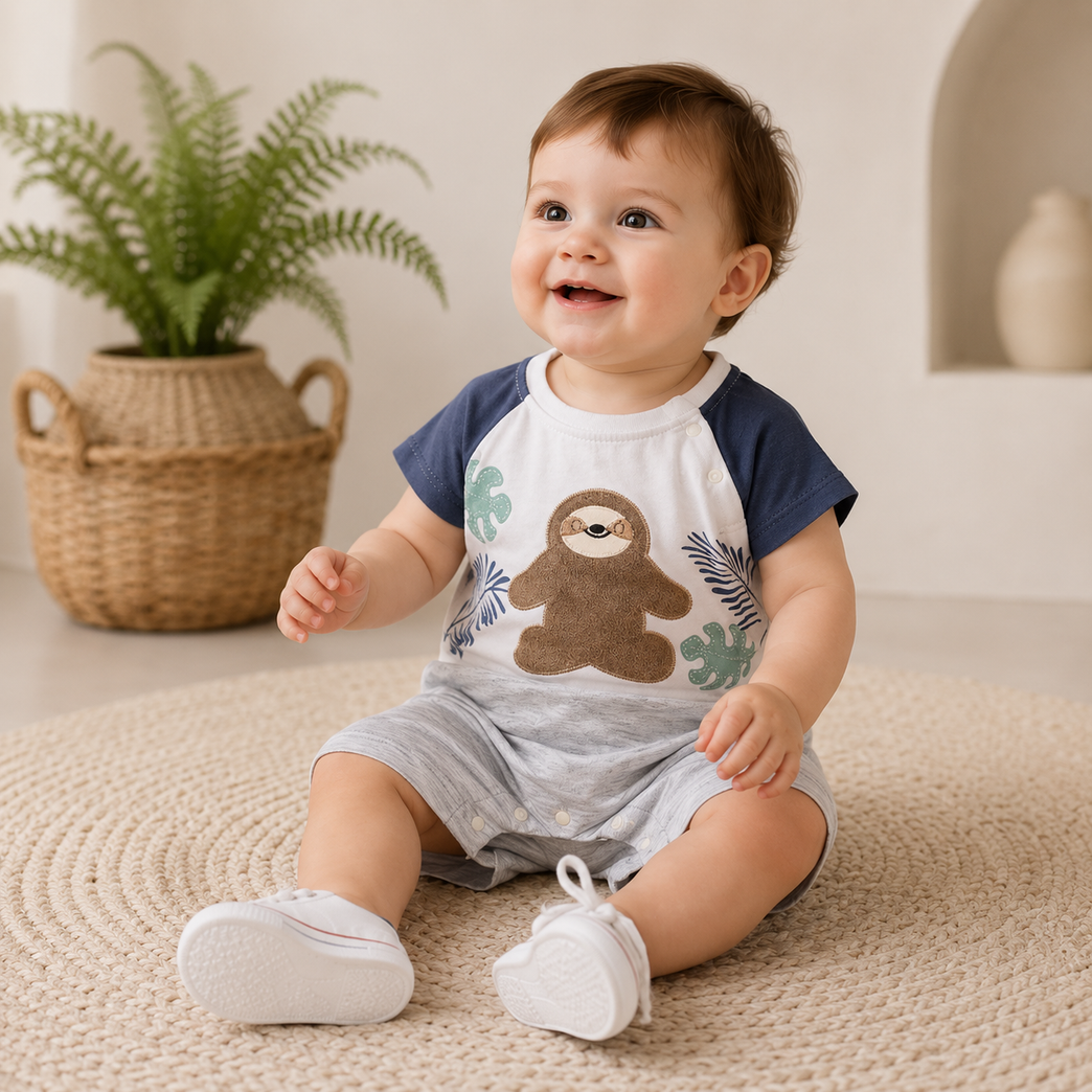 Sloth Print Baby Romper for Boys & Girls | Soft Cotton Summer Onesie with Half Sleeves | Newborn & Infant Casual Wear
