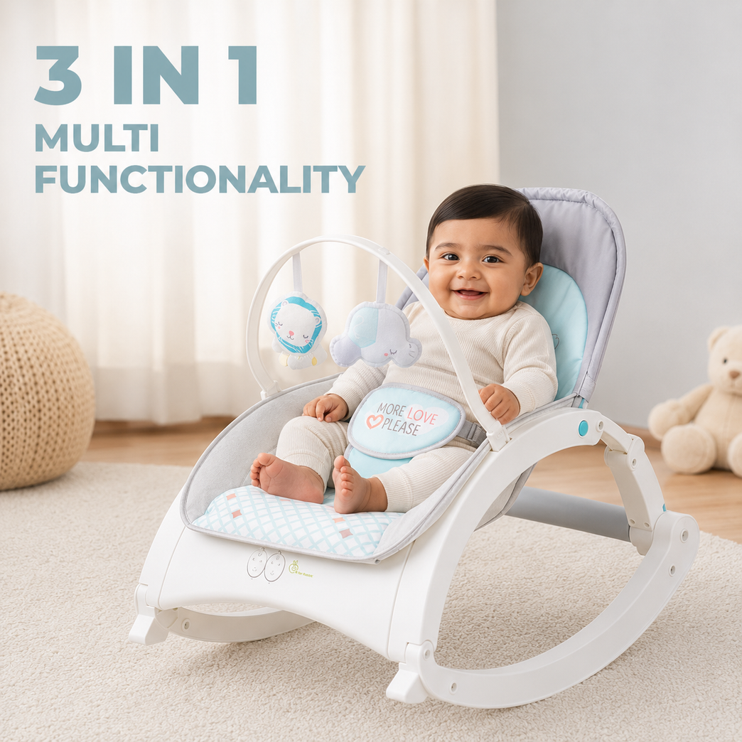 3-in-1 Premium Baby Rocker & Bouncer Chair with Music, Vibration, Adjustable Recline & Toy Bar (0-18 kg)