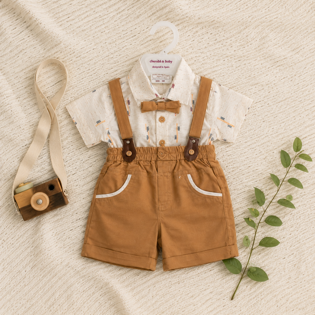 Baby Boys Gentleman Suspender Shorts Set with Bow Tie & Printed Shirt | Premium Infant Party Wear Outfit