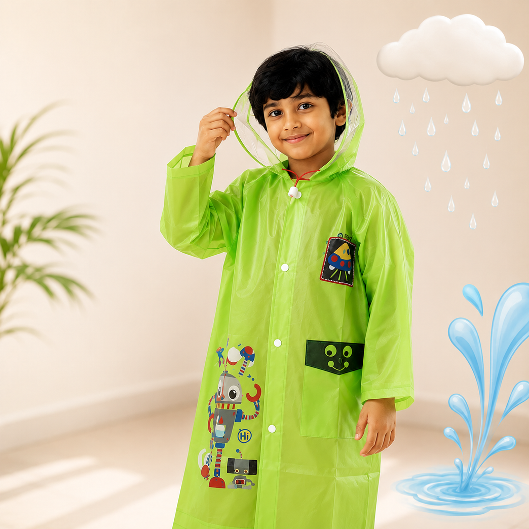 Kids Waterproof PVC Hooded Raincoat with Cute Robot Print | Lightweight Full-Sleeve Rain Wear for Boys & Girls
