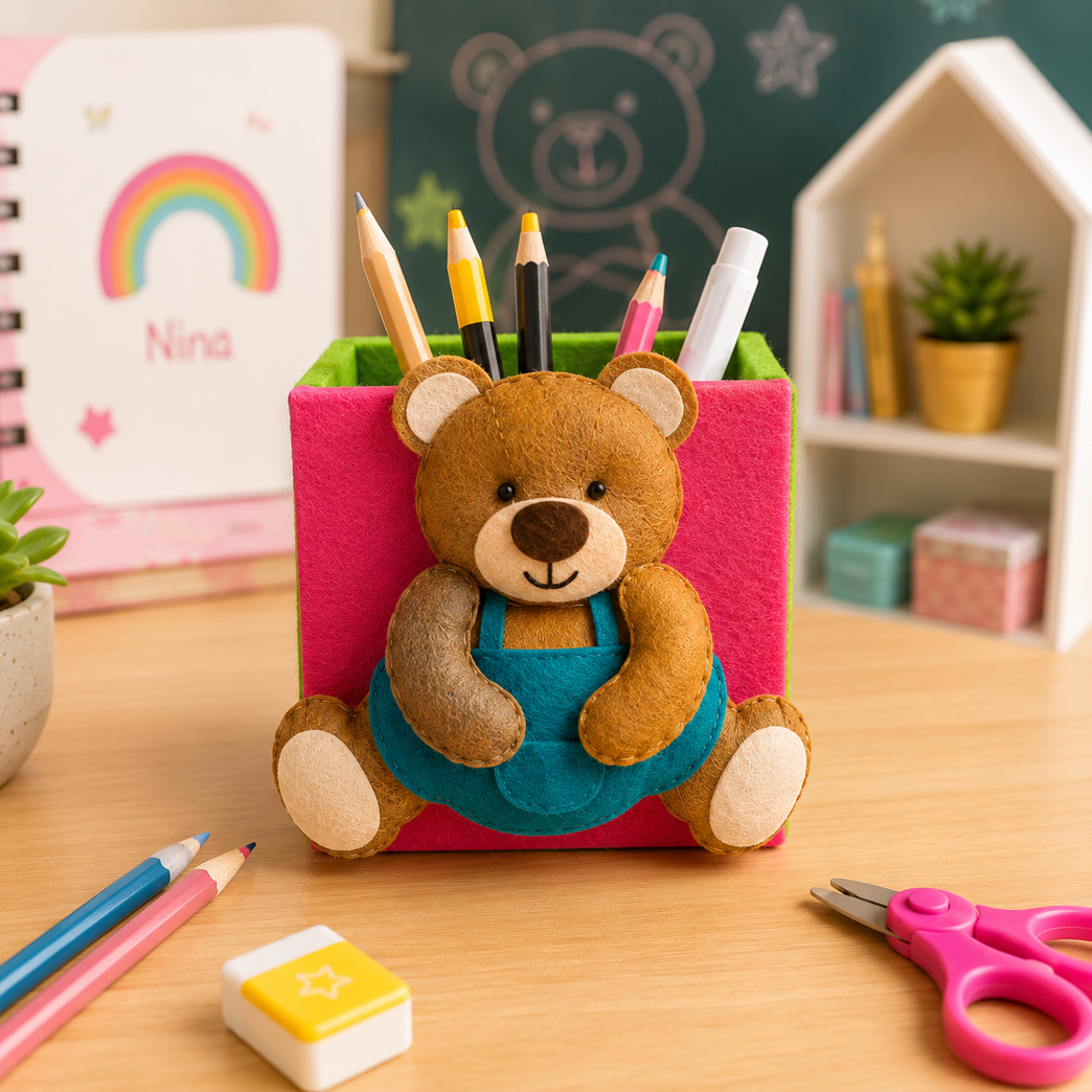 Handmade Teddy Bear Felt Pen Holder & Desk Organizer for Kids | Cute Stationery Storage Box | Pencil Stand for Study Table