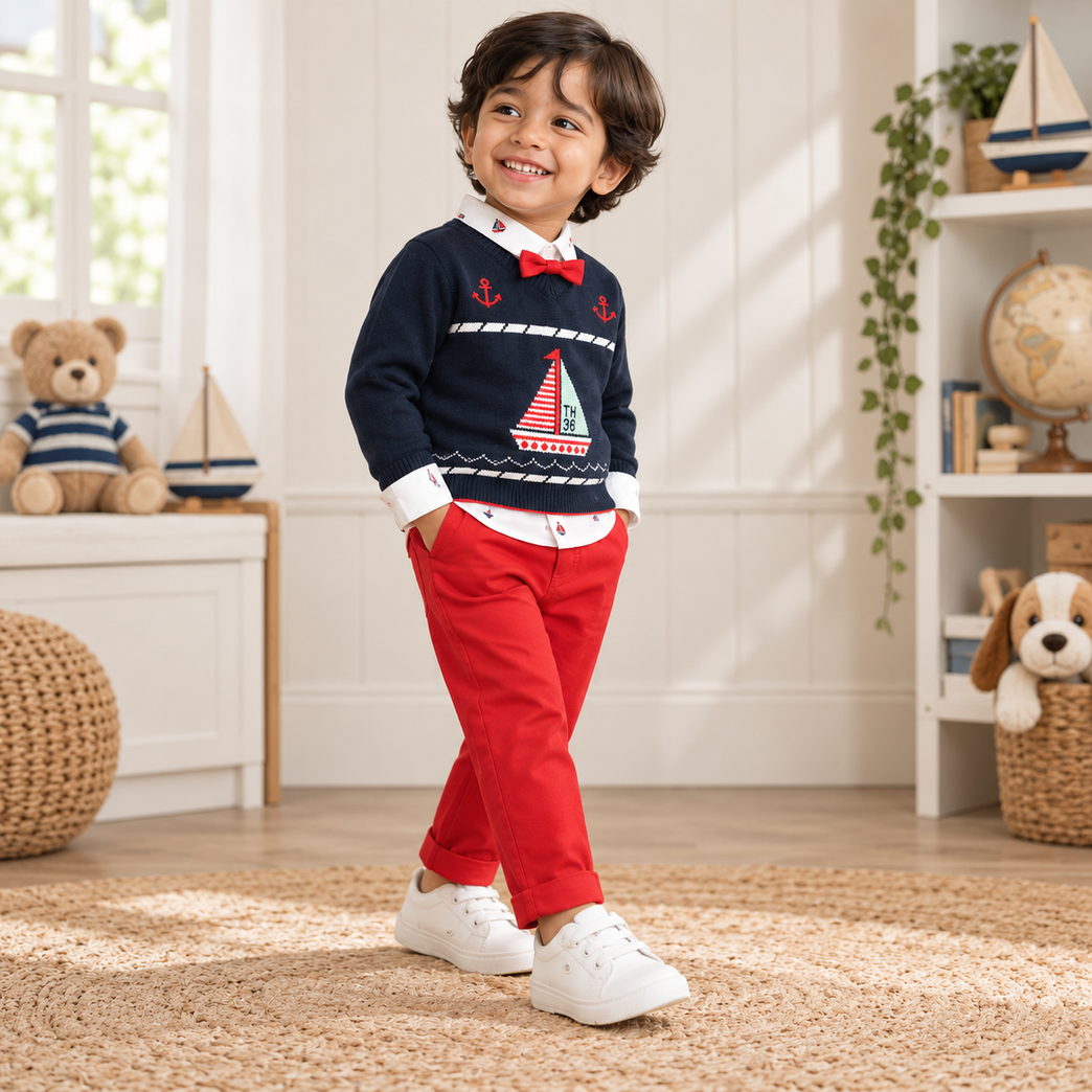 Navy Sailboat Sweater with Red Chinos & Bow Tie Set