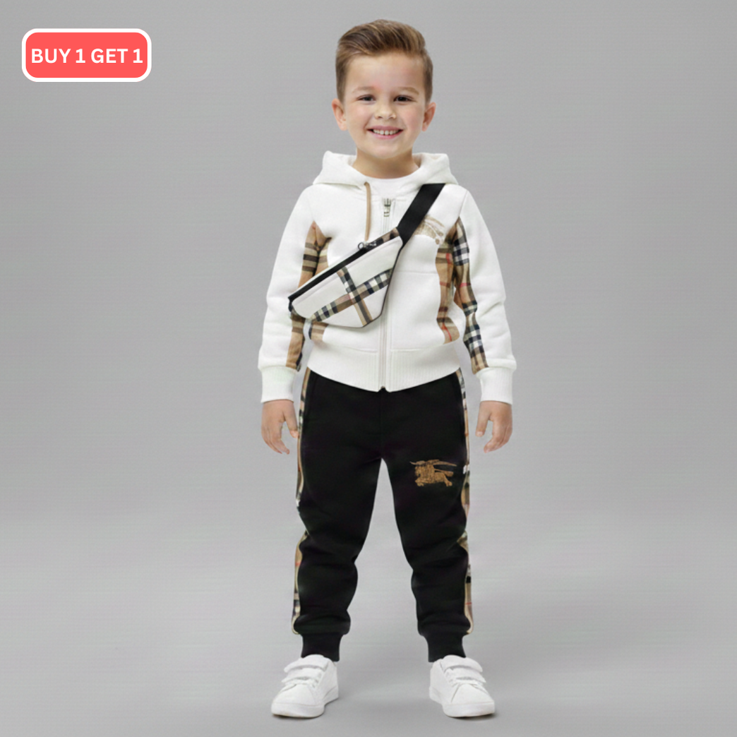 Boys White & Black Hooded Sweatshirt with Jogger Pants Set | Winter Wear Co-Ord Outfit with Check Panel Design