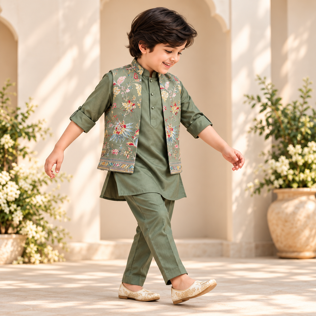 Boys Full Sleeves Ethnic Green Embroidered Bandi Kurta Set For Kids
