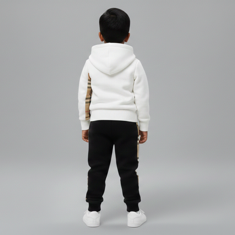 Boys White & Black Hooded Sweatshirt with Jogger Pants Set | Winter Wear Co-Ord Outfit with Check Panel Design
