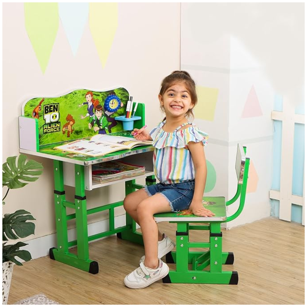 Wolf-Patented Multi-Functional Kids Study Table Chair Set with Adjustable Height-(BEN 10)
