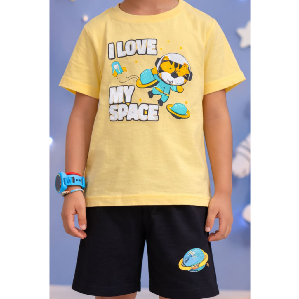 Ninos 100% Cotton Knit Half Sleeves "I Love My Space" Printed Coordinating Tee & Shorts Set for Boys