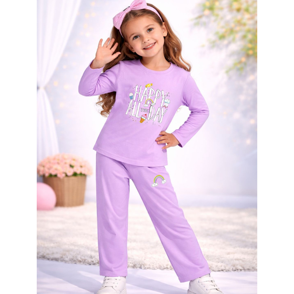 Ninos 100% Cotton Knit Full Sleeves "Happy All Day" Printed Coordinating Tee & Pants Set