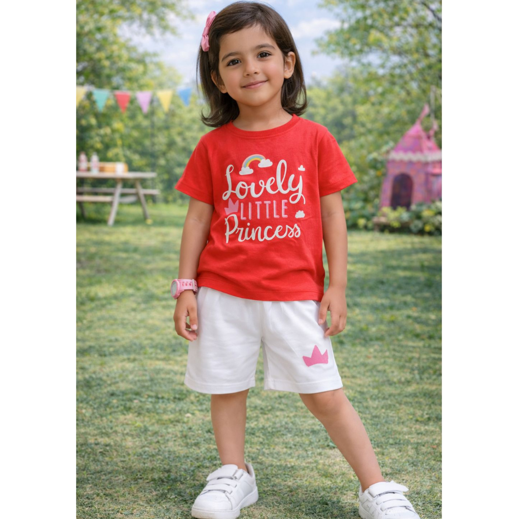 Ninos 100% Cotton Knit Half Sleeves "Lovely Little Princess" Printed Coordinating Tee & Shorts Set
