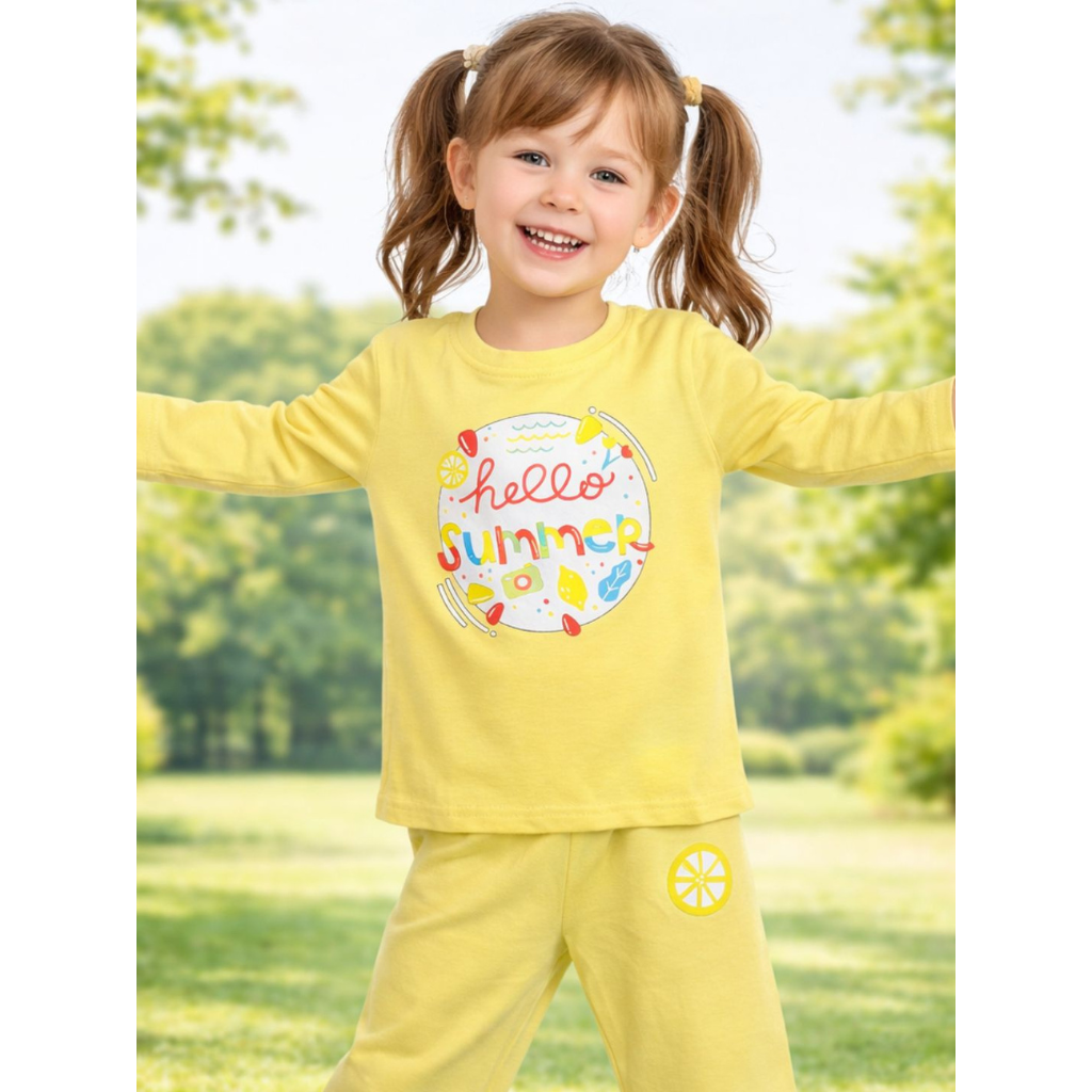 Ninos 100% Cotton Knit Full Sleeves "Hello Summer" Printed Coordinating Tee & Pants Set for Girls