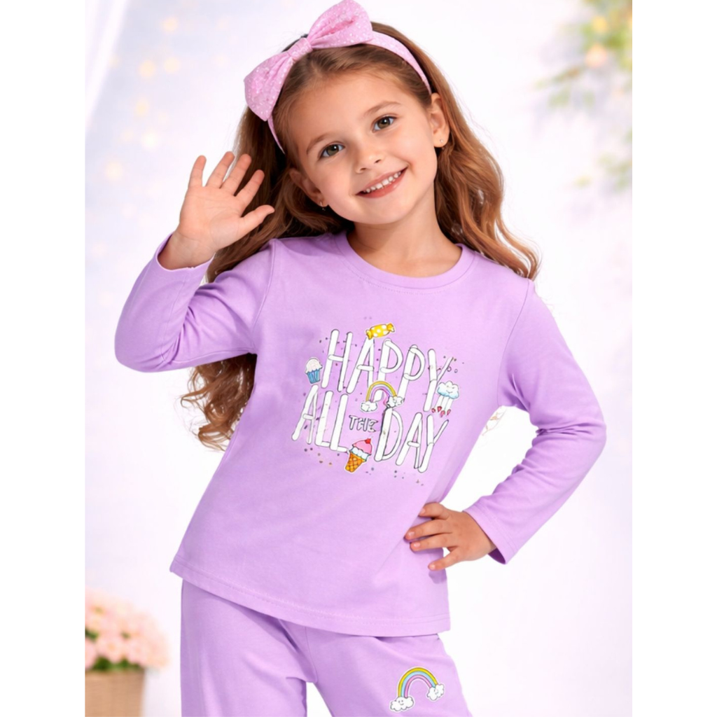 Ninos 100% Cotton Knit Full Sleeves "Happy All Day" Printed Coordinating Tee & Pants Set