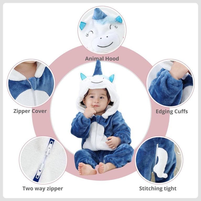 Michley- Unisex Baby Winter Hooded Romper Flannel Unicorn Style Stitch Animal Long Sleeves Zip Cosplay Dress