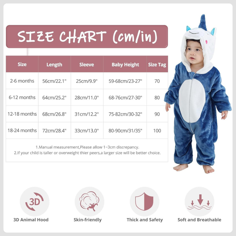 Michley- Unisex Baby Winter Hooded Romper Flannel Unicorn Style Stitch Animal Long Sleeves Zip Cosplay Dress