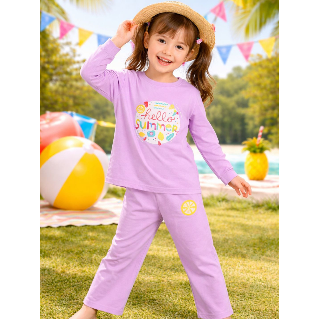 Ninos 100% Cotton Knit Full Sleeves "Hello Summer" Printed Coordinating Tee & Pants Set for Girls