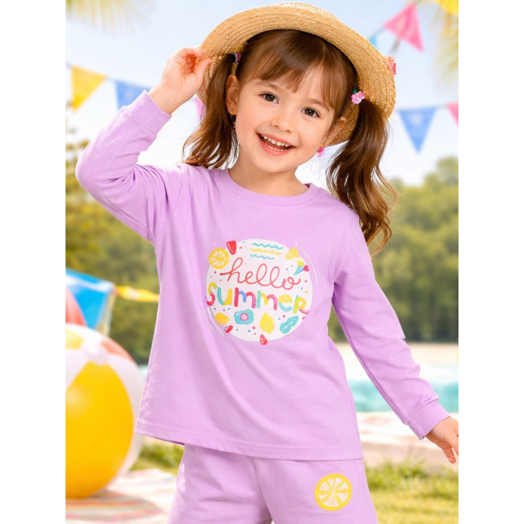 Ninos 100% Cotton Knit Full Sleeves "Hello Summer" Printed Coordinating Tee & Pants Set for Girls