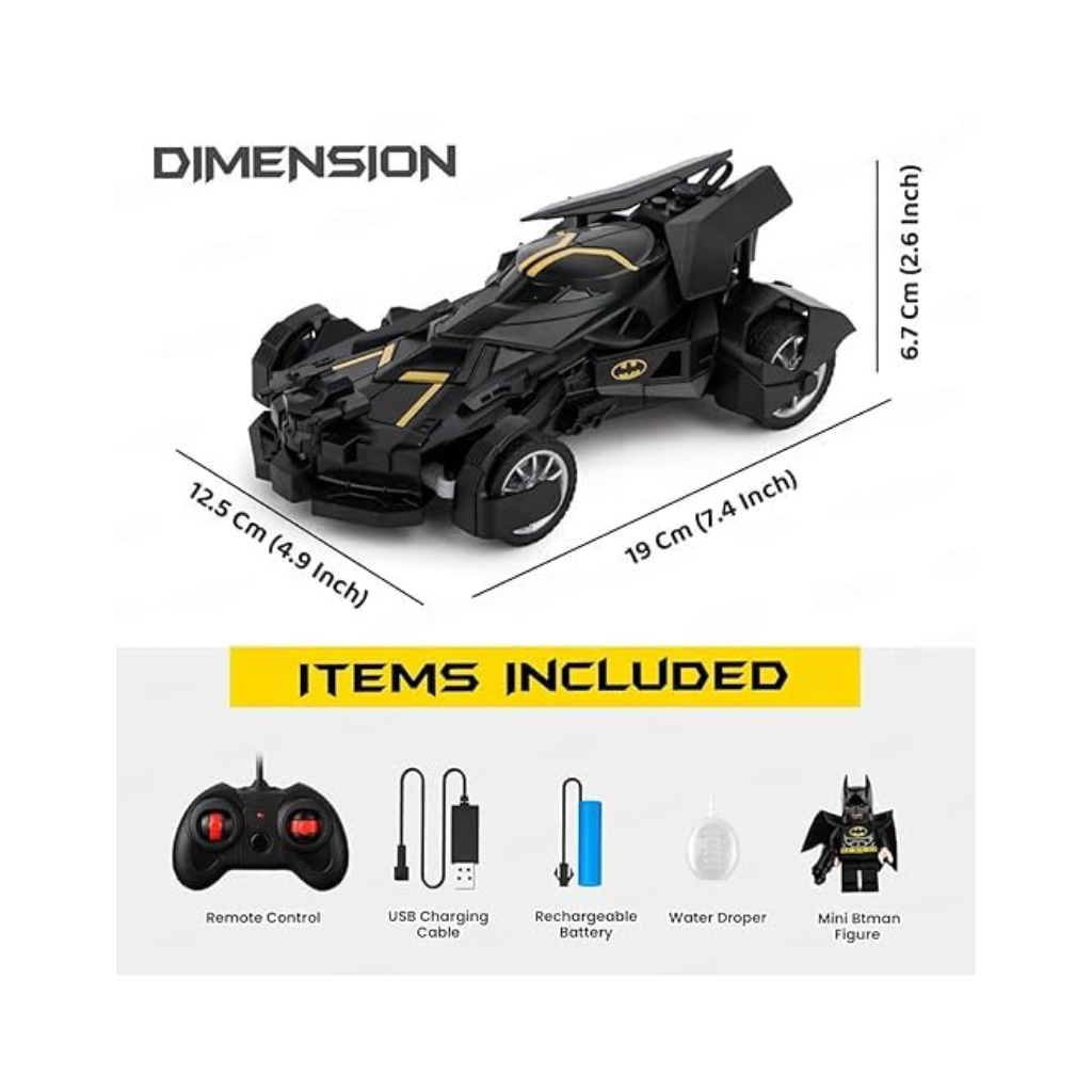 Batman Batmobile Remote Control Car with Mist Spray Action Flashing Lights USB Rechargeable RC Car for Kids