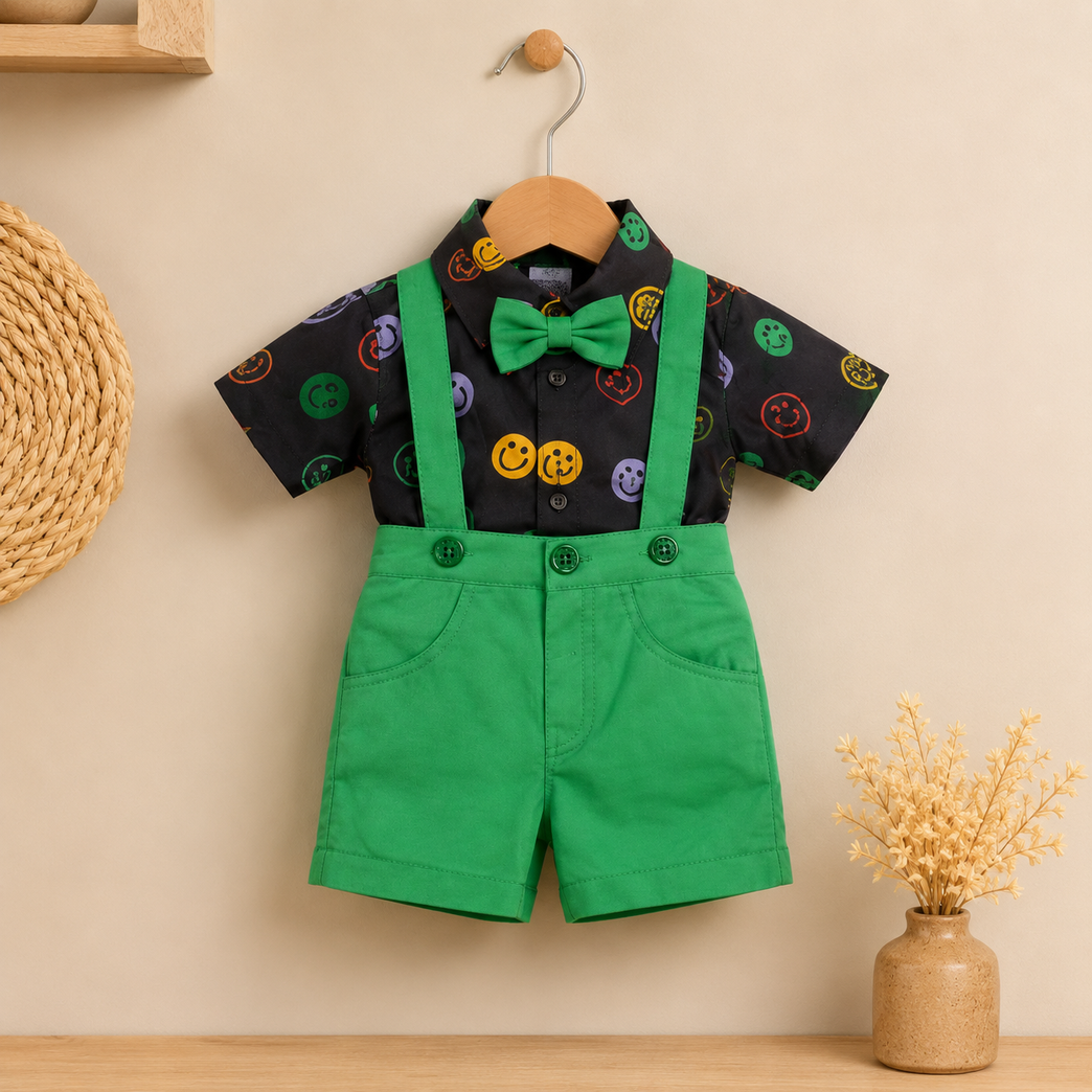 Smiley Print Boys Suspender Shorts Set with Bow Tie – Premium Kids Party Wear Outfit | Trendy Toddler Clothing
