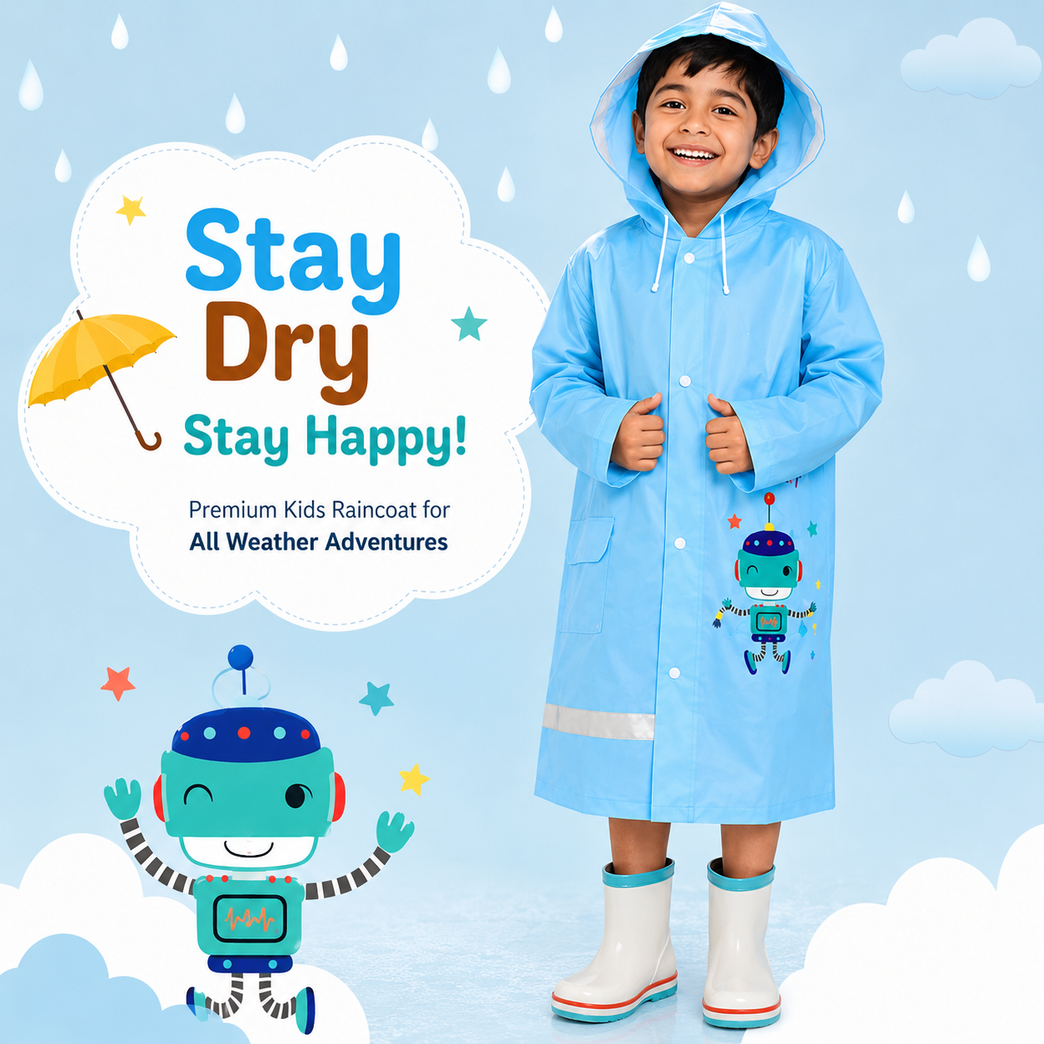 Kids Waterproof PVC Hooded Raincoat with Cute Robot Print | Lightweight Full-Sleeve Rain Wear for Boys & Girls