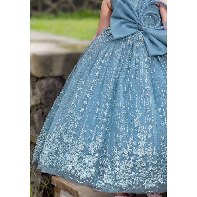 Plum-Party Wear Gown With Bow Embellished And Shimmer Printed For Girls