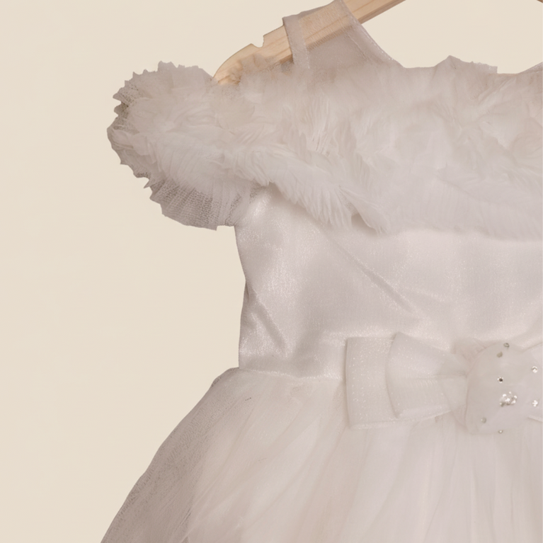 Ninos Embellished Elegant White Ruffle Princess Party Wear Frock with 3D Bow Appliqué For Girls