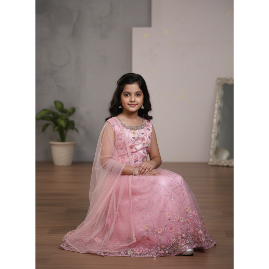 Girls Pastel Pink Lehenga Choli Set With Flower Embroidery and Dupatta