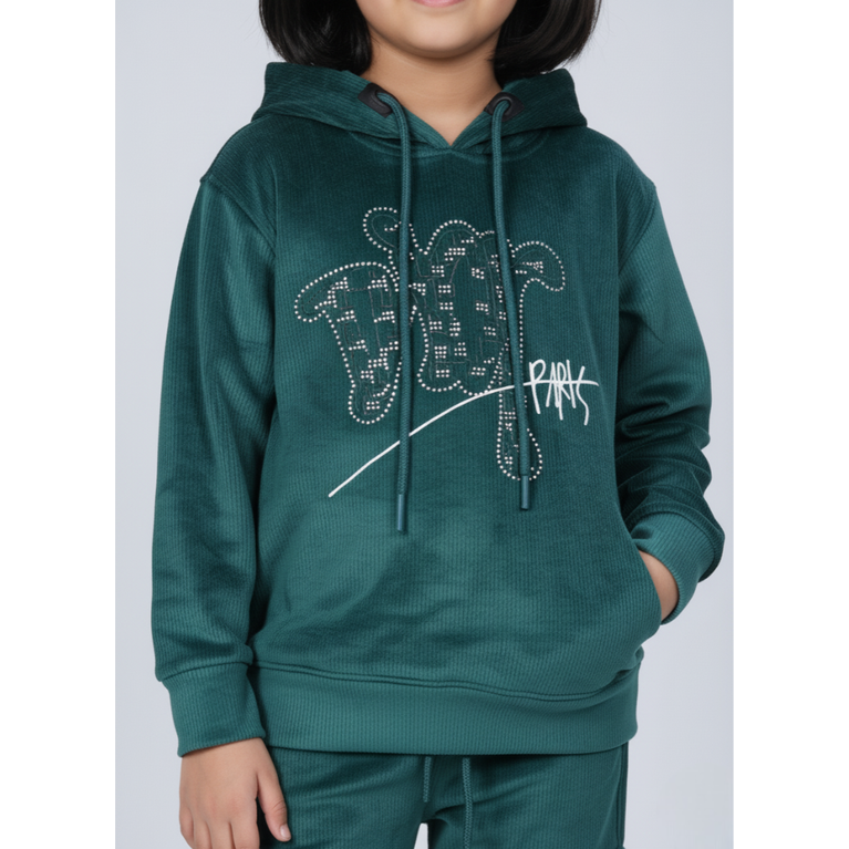 Girlyy-Velour Woven Full Sleeves Winter Wear Girls Hooded Sweatshirt & Cargo Jogger Set